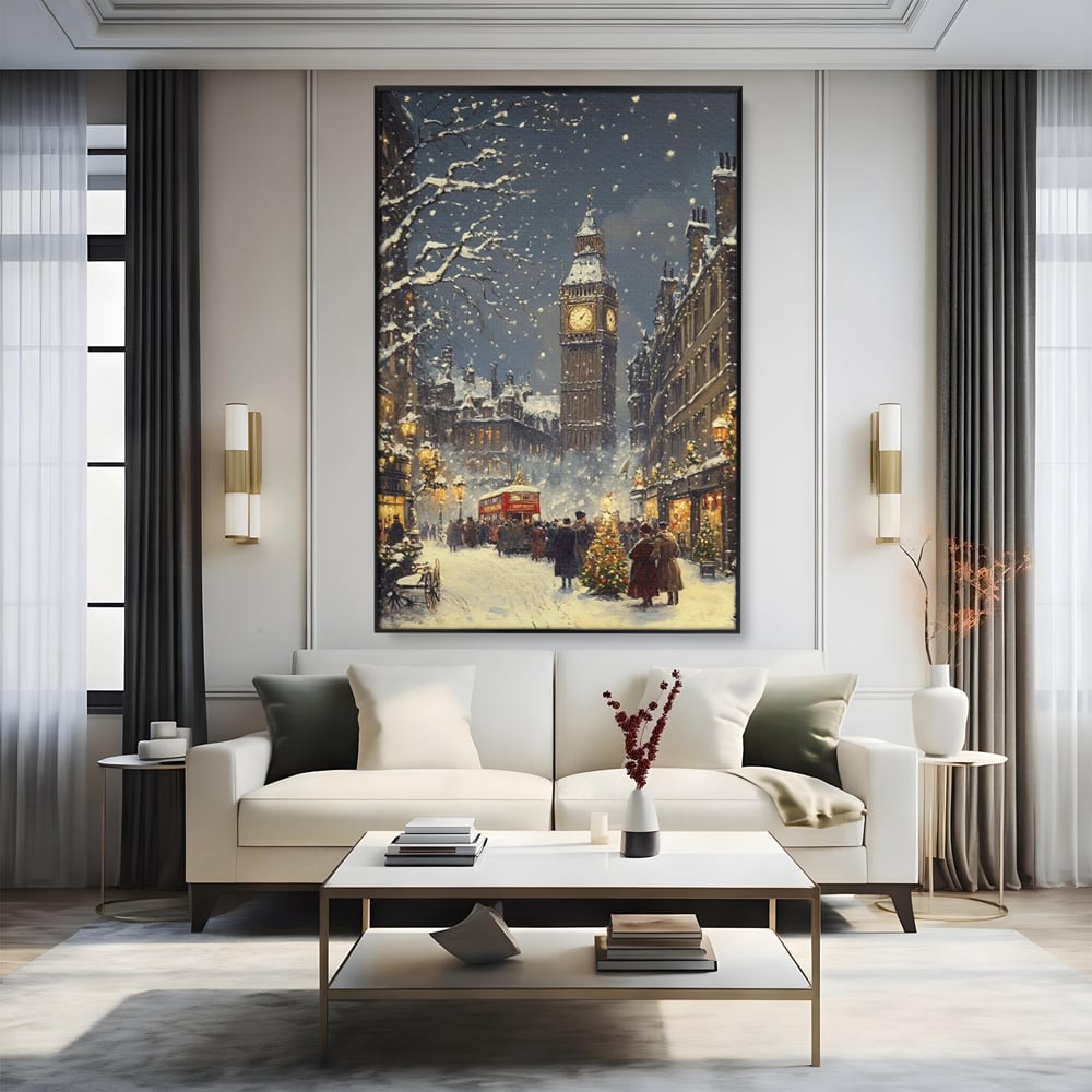 Tablou canvas cu ilustratie iarna cu turnul ceasului, in rama de aluminiu negru, pe perete intr-un living